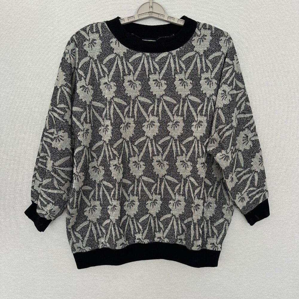 LOOM WEAR WOMEN'S VINTAGE SWEATER BLACK & SILVER METALIC TEXTURED FLORAL SIZE XL